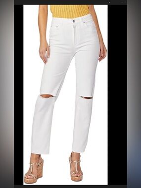 White Straight-Leg Ripped Knee Jeans - Women's